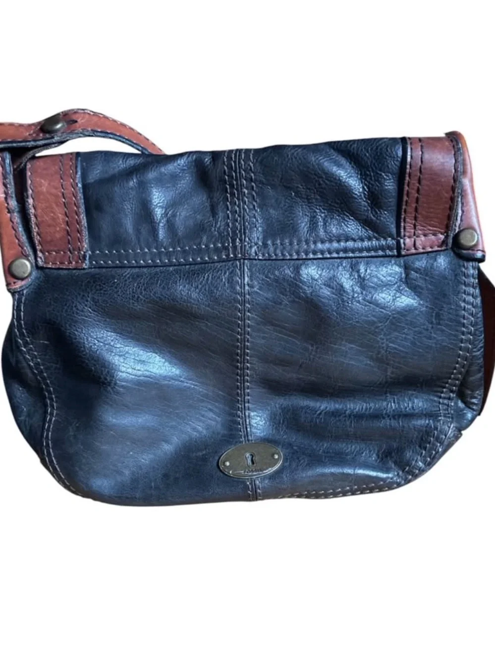 Fossil Two-Tone Black and Brown Leather Saddle Crossbody - Picture 2 of 4